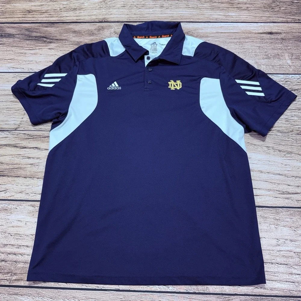 adidas Notre Dame Polo Shirt Mens XL Blue Scorch Climalite Golf Stretch 3 Stripe